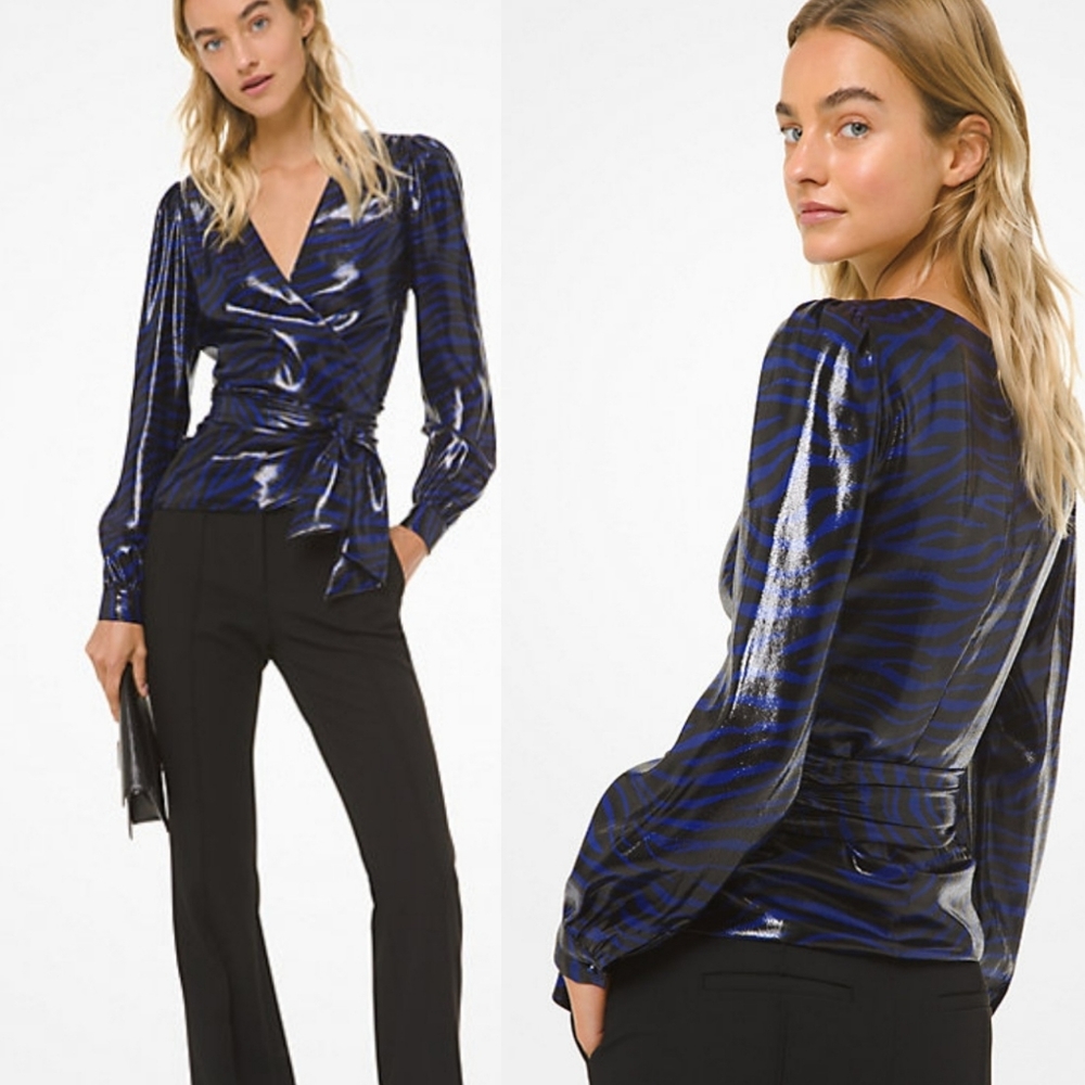🌞MICHAEL Michael Kors Silk-Blend Bengal Tiger Wrap Top Black Blue Small